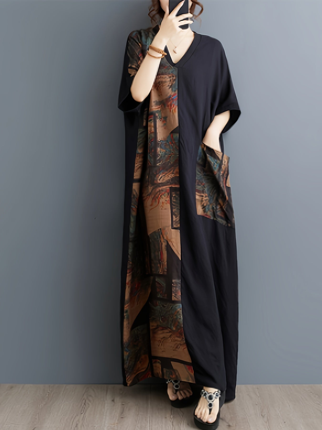 Women'S Casual Viscose Patchwork Dressing Gown, Non-Stretch Woven Fabric, Pocket Details, Spring/Summer/Fall Season, Adult Size